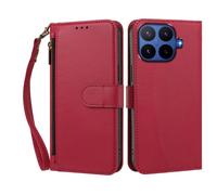 PU Leather Shockproof Phone Case Compatible with Xiaomi 15 Pro-Scratch Protective Cove 4 Card Holder & 1 Zipper with Wrist Strap Folio Flip Case-Red
