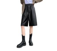 PU Leather Shorts Women's Winter High Waist Elastic Loose Five Points Leather Shorts Black