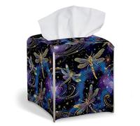 PU Leather Square Tissue Box Cover with Snap Button Bottom, Modern Decorative Tissue Box Holder for Bathroom Countertop, Office, Car & Tabletop, Dragonfly Night Sky
