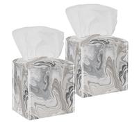 Pu Leather Tissue Box Cover 2 Piece Square Tissue Box Holder with Bottom Belt Simple Pastel Marble Pattern Modern Stylish Cube Paper Organizer Dispenser, 5" X 5" X 5"
