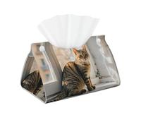 Pu Leather Tissue Box Cover Modern Waterproof Tissue Box Holder Cat Sitting On Windowsill Rectangle Tissue Cover Decorative Tissue Box Organizer for Car Bathroom Bedroom Desk Tabletop Decor