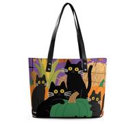 PU Leather Tote Bag for Women - 15 Inch Large Capacity Handbag with Zipper Black Cat Halloween Pumpkin Shoulder Bag for Work, Gym, Travel & Shopping