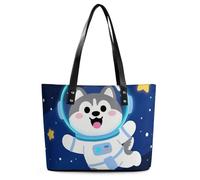 PU Leather Tote Bag for Women - 15 Inch Large Capacity Handbag with Zipper Cute Husky Astronauts on Space Shoulder Bag for Work, Gym, Travel & Shopping