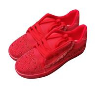 PU Leather Trainers Womens - Rhinestone Fabric Upper Single Shoe with Front Lace Up Flat Sole Low Top Breathable Sport Walking Sneakers Jogging Workout Lightweight Sport Shoe for Outdoor Sports Red
