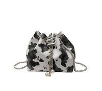 PU Leather Trendy Bucket Bag with Chain Animal Print Soft Crossbody Bag (White)