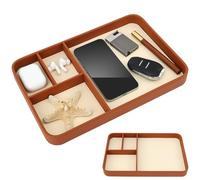 PU Leather Valet Tray 30x20x3cm, Nightstand Organizer Trays with 4 Compartments, Stylish Bedside Tray for Men, EDC Catchall Trays for Key, Mobile Phone, Watch, Wallet and Jewel(Brown)