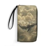 PU Leather Wallet with Wrist Strap, Zip Around Wallet 4 Card Slots & Zippered Coin Pocket, Whale in The Clouds Clutch Purse for Travel, Gifts, Lightweight & Secure