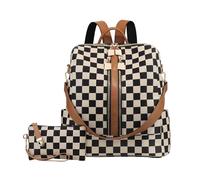 PU Leather Women Checkerboard Schoolbags Large Capacity Stylish Grid Pattern Daypack Zipper Closure Plaid Pattern Bookbags for Shopping And Outdoor Family Outings (Brown)