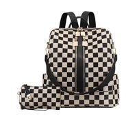 PU Leather Women Checkerboard Schoolbags Large Capacity Stylish Grid Pattern Daypack Zipper Closure Plaid Pattern Bookbags for Shopping And Outdoor Family Outings (Black)