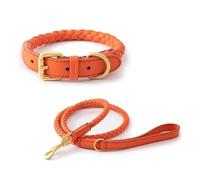 PU Leather Woven Hand Holding Rope Pet Dog Collar Strong And Durable Suitable For Small And Medium Sized Dogs large dog collar(Orange suit,M-neck 31-36cm)