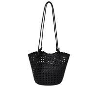 PU Leather Woven Hollow Bucket Shoulder Tote Bag Women Handbag(Black)