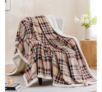 PU MEI Sherpa Fleece Throw Blanket 60" x 80" Reversible Plush Fluffy Large Big Blanket Lattice Flannel Blankets for All Season Use, Beige Stripe