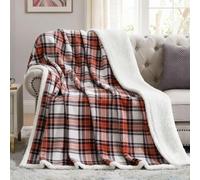 PU MEI Sherpa Fleece Throw Blanket 60" x 80" Reversible Plush Fluffy Large Big Blanket Lattice Flannel Blankets for Sofa Couch Bed (Orange White Check, 60"*80", Checkered)