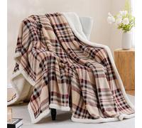 PU MEI Sherpa Fleece Throw Blanket 80" x 90" Reversible Plush Fluffy Large Big Blanket Lattice Flannel Blankets for All Season Use, Beige Stripe