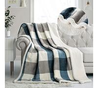 PU MEI Sherpa Fleece Throw Blanket Reversible Plush Fluffy Lattice Flannel Blankets for Sofa Couch Bed,59"x79",Grey-Blue