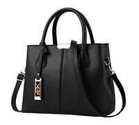 PU Structured Tote Handbag, Unisex Black Satchel with Top Handles | Structured black bag with twin top handles, side shoulder strap and metal front detail; PU is identified as the mate