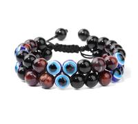 Puadun Double Bead Protection Bracelet with Turkish Evil Eye, Handmade Boho Luck Charm String Bracelet for Couples Friends, Birthday Anniversary Good Luck Gift Jewelry