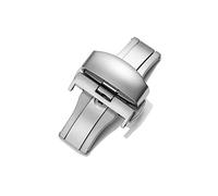 Puasny Leather Watch Strap with Brushed Butterfly Deployment Clasp - Double Push Button Buckle in 18mm, 20mm, and 22mm,Bright Silver,22mm