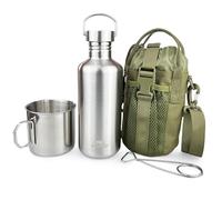 Pubgeer Canteen 42oz Single Wall Water Bottle with 24oz Nested Camping Cup and Carrier Bag, Stainless Steel, Bushcraft Gear, Wide Mouth Water Bottle and Mess Kit, Boil water, Boiler