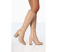 Public Desire Women's Apology Nude Patent Croc Knee High Block Heel Boots | Size: 9 Public Desire Nude 9