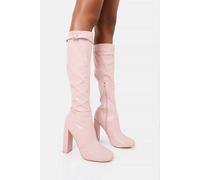 Public Desire Women's First Class Dusty Pink Buckle Strap Knee High Block Heeled Boots | Size: 7 Public Desire Dusty Pink 7