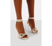 Public Desire Women's Glimmer White Wrap Around Pearl Detail Bow Square Toe Cake Stand Heels | Size: 9 Public Desire White 9