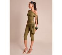 Public Desire Women's Knot Detail Tie Side Luxe Slinky Capri Pants Khaki | Size: 10 Public Desire Khaki 10