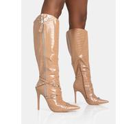 Public Desire Women's Worthy Camel Croc Studded Zip Detail Pointed Stiletto Knee High Boots | Size: 7 Public Desire Camel 7