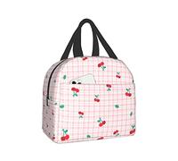 Pubnico Cute Cherry On Pastel Pink Plaid Lunch Box Bento Box Insulated Lunch Box Reusable Waterproof Lunch Bag With Front Pocket For School Office Picnic