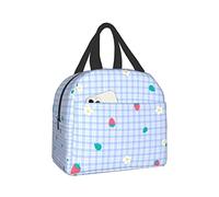 Pubnico Cute Strawberry Leaf Flower Fruit On Pastel Blue Bento Lunch Box Insulated Lunch Box Reusable Waterproof Lunch Bag With Front Pocket For School Office Picnic
