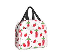 Pubnico Cute Strawberry Smoothie And Strawberries On Pink Bento Lunch Box Insulated Reusable Waterproof Lunch Bag With Front Pocket For School Office Picnic