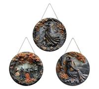 Pubyfun/Glosrity/Fanyil Witching Hour, Pubyfun Halloween Witch Wreath, Halloween Witch Wooden Wall Decor Plaque, Door Way Hanging Decor Halloweens, 2d Wooden Round Witches Sign (3Pcs)