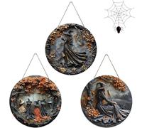 Pubyfun/Glosrity/Sherum/Fanyil/Olygee Witching Hour, Halloween Witch Wreath, Halloween Decor, Halloween Decorated Doorplate, Witch Circular Sign Hanging Decoration (3pcs-A,7.87 * 7.87 * 0.118in)
