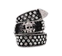 PUCAPOCO Rhinestone Belt Western Belts Y2k Cowboy Cowgirl Studded Belt Goth Emo Skull Sequin Belt for Women Jeans Pants, Black, 45.2"*1.2'