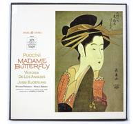 Puccini: Madame Butterfly, complete opera. Opera House Rome, Santini cond. with de Los Angeles, Bjoerling, Pirazzini, Bertona, Serene, de Palm et al. Stereo. Three Vinyl.