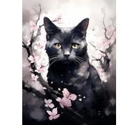 PUCHEN Embroidery Cross Stitch Kits, Black Cat Behind Plum Blossom Branch,R Pre-Printed Stamped Embroidery Kits 11CT Needlework Kit DIY Artwork for Adults Kids Girls Home Wall Decoration