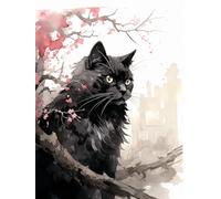 PUCHEN Embroidery Kits for Beginners Adults, Black Cat Behind Plum Blossom Branch,L Stamped Cross Stitch Kit 11CT Fabric Embroidery Crafts Kit, Counted Cross Stitch for Home Decoration