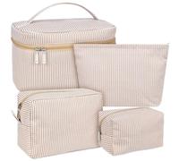 Puchifoda 4 Piece Makeup Bag Set,Seersucker Cosmetic Bags,Striped Make Up Bag Large Cosmetic Zipper Pouch Cute Travel Toiletry Bag Portable Aesthetic Purse Organizer Pouches for Women, Khaki