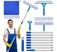Puciuua 3M Window Cleaning Kit, Window Squeegee Cleaner Tool Kit with Long Handle, Glass Cleaning Tools with Silicone Squeegee & Microfiber Scrubber for High Windows, Shower Glass, Car (Blue)