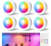 Puck Lights with Remote Control GRB,Under Cabinet Light,Wireless 13 Colour,Battery Operated LED Stick-On Lights,Dimmable&Timing Function Push Light Ideal for Kitchen/Closet/Shelf/Wall White(6 Pack)