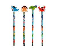 Puckator Ahoy Ocean Pirate Friends Pencil with Eraser Topper - Eraser Pencil - Pencils With Rubbers - Pencils with Erasers - Stationary Set for School & Office - Cute Pencils - Back To School Gifts