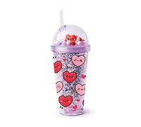 Puckator Amore Hearts Double Walled Cup & Straw with Charms - Insulated Tumbler - Cups with Lids and Straws for Adults Children - Travel Thermal Cup with Straw - Water Bottles with Staw