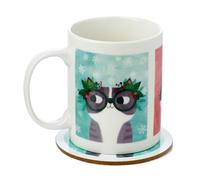 Puckator Angie Rozelaar Planet Cat Xmas Porcelain Tea Coffee Mug & Coaster Set - Funny Home Accessories - Cute Gifts for Girlfriend Large Mugs for Men Women Hot Drinks Cups Presents Secret Santa Gift