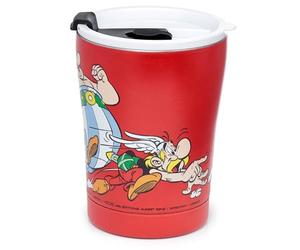 Puckator Asterix & Obelix Red Reusable Stainless Steel Hot & Cold Thermal Insulated Food & Drink Cup 300ml - Travel Mug - Tumbler with Straw and Lid - Insulated Bubba Cup Thermal Drink Bottle