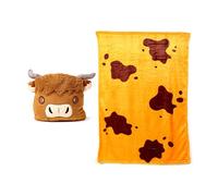 Puckator Blankeazzz Highland Coo 2-in-1 Plush Travel Pillow & Blanket - Travel Long Haul Flight Plane Essentials Accessories For Flying Women Kids - Soft Warm Cozy Picnic Blanket Blankets