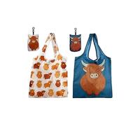 Puckator Foldable Reusable Shopping Bag - Highland Coo Cow Design - Folding Shopping Bags - Foldable Tote Bag - Foldaway Shopping Bags - Foldable - Fold Up Bag in Pouch - Family Beach Bag