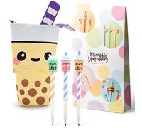 Puckator Foodiemals Boba Bubble Tea Pencil Case & Mechanical Pencil Set | Desk Organiser Set with Character Designs | Pack of 3 Pencil Designs + Canvas Pencil Case
