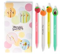 Puckator Inkredible Erasable Pen | Fun Fruit-Themed Novelty Click Pens | Smooth Writing with Erasing Ink, Colourful Desk Accessories | Blue Ink | Pack of 4 Designs