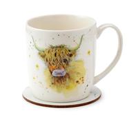 Puckator Jan Pashley Highland Coo Cow Porcelain Tea Coffee Mug & Coaster Set - Funny Home Accessories Cute Gifts for Girlfriend Large Mugs for Men Women Hot Drinks Cups Presents Secret Santa Gift