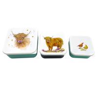 Puckator Jan Pashley Highland Coo Cow Set of 3 Lunch Box Snack Storage M/L/XL - Lunchbox with Multi Compartments - Small Food Containers -or Adults and Kids - Girls Boys Lunchbox